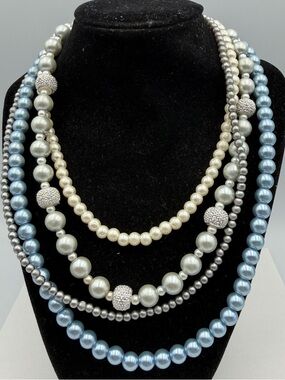 Multi Strand Pearl Necklace Blue Gray Ivory Statement Layered Beaded